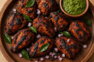 Charcoal-grilled chicken kebabs with mint chutney